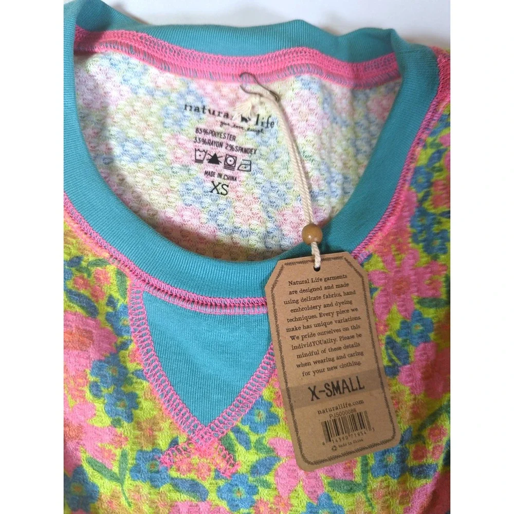 New Natural Life Thermal Top Women XS Lg Sleeve Waffle Floral Crewneck Comfy